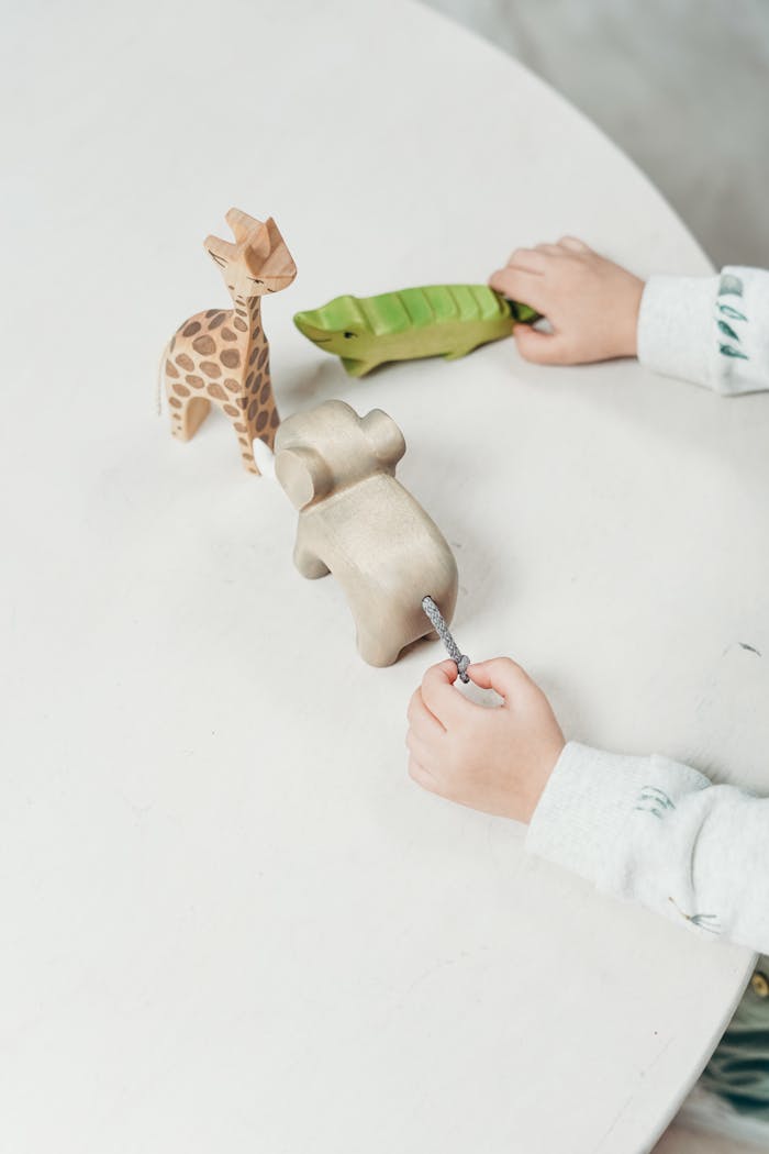 A child engages with wooden toys on a table, emphasizing creativity and play indoors.